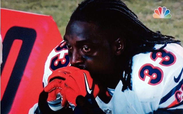 Charles Tillman was fighting back tears after being injured on Sunday. (NBC)