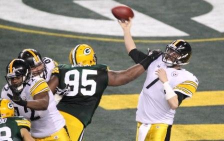 B. Roethlisberger throws an interception in the first quarter of Super Bowl XLV (US Presswire).