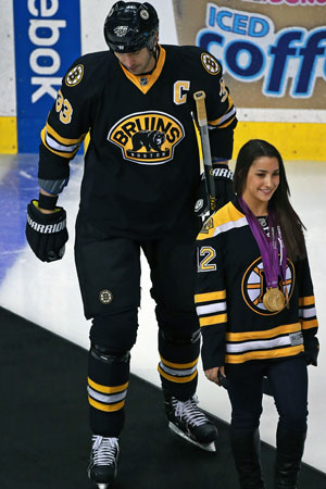 aly raisman chara zdeno puck drop nhl leafs ceremonial space start stands getty next