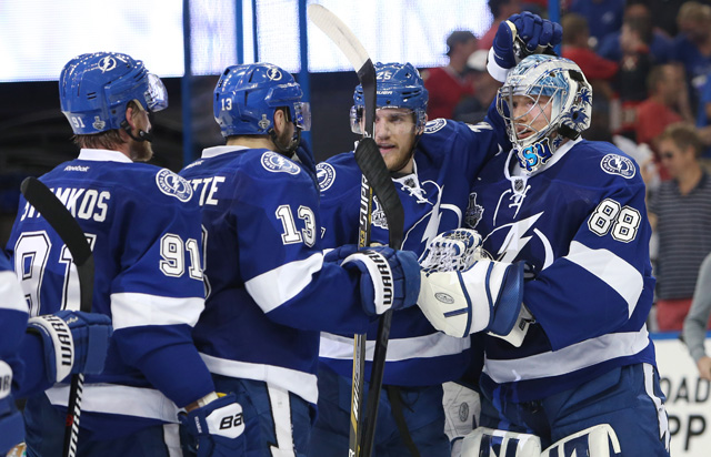 Andrei Vasilevskiy (far right) came off the bench cold to help the Lightning seal a Game 2 win. (USATSI)