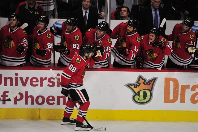 Patrick Kane celebrates his goal that kept his scoring streak alive. (USATSI)