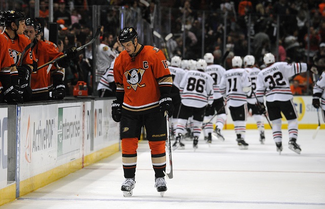 Ryan Getzlaf reacts to his team's stunning loss to the Blackhawks. (USATSI)