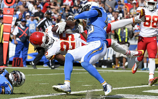 Jamaal Charles didn't suffer a concussion on this Brandon Flowers hit, but the Chiefs took all precautions. (Getty)