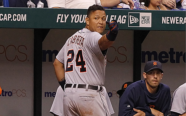 Miguel Cabrera reacts to Rodney's high-and-tight pitch Saturday.