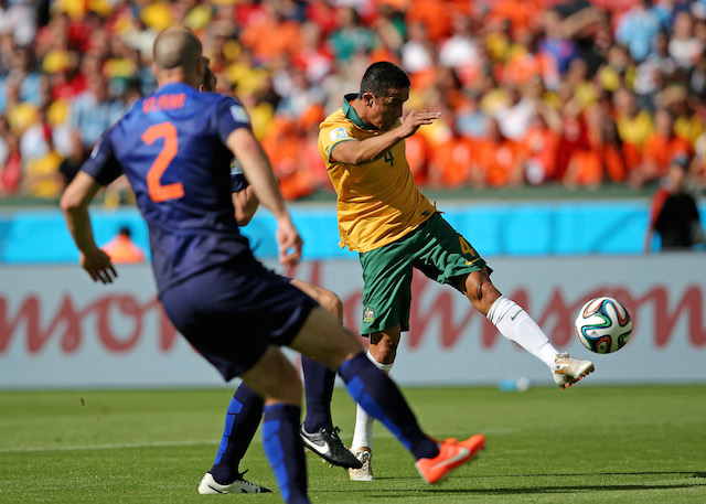Tim Cahill's stunning one-touch volley edged out a diving header from Robin Van Persie. (Getty Images)