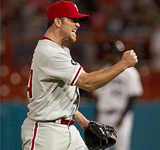 Brad Lidge and the Phillies get the win thanks in large part to a questionable call in the ninth.  (AP)