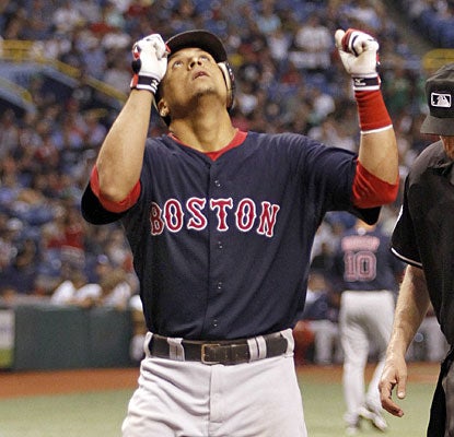 Victor Martinez shows some gratitude during his two-homer performance off David Price.  (AP)