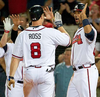 Way to go, dude. Derrek Lee congratulates David Ross on his first career grand slam. (US Presswire)
