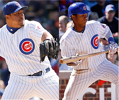 Carlos Zambrano (left) whiffs eight and yields just four hits while Starlin Castro makes Cubs history with his two hits. (AP)