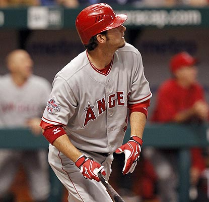 There it goes. Brandon Wood puts the Angels in the lead when he connects on a Dan Wheeler pitch. (AP)
