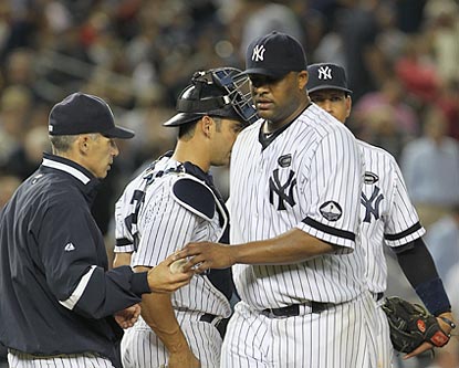 CC Sabathia trudges off after failing to get through the sixth inning, in which Tampa Bay turns a 3-1 deficit into an 8-3 lead. (US Presswire)