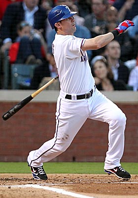 Michael Young connects for one of the five hits he tallied in 20 at-bats in the 2010 World Series. (Getty Images)