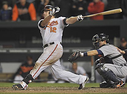 Mark Reynolds follows through on his two-run double during the Orioles' pivotal five-run seventh inning.  (AP)