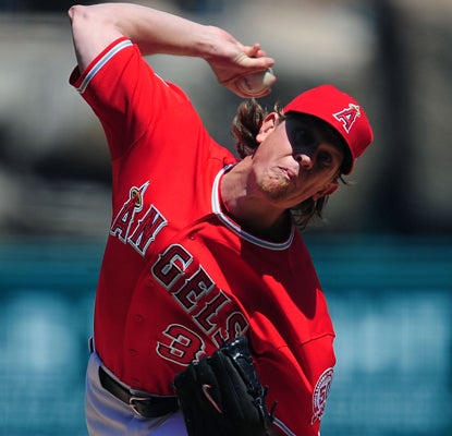 Jered Weaver has his A-game going against the Blue Jays as he strikes out a career-high 15 batters in the Angels' win.  (US Presswire)
