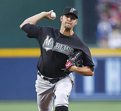 Marlins ace Josh Johnson retires 22 of the 26 batters he faces, and strikes out nine while allowing only one hit.  (US Presswire)