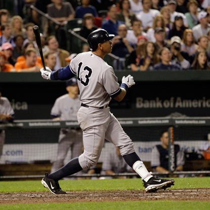 Alex Rodriguez watches his 22nd career slam -- putting him second on the all-time list behind Lou Gehrig -- fly over the wall.  (Getty Images)