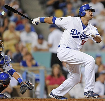 The Dodgers' Andre Ethier watches his single during the fourth inning, extending his hit streak to 29 games. (AP)