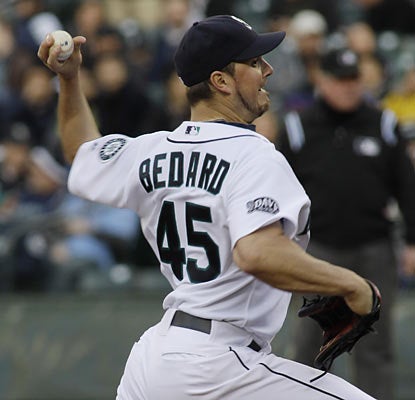 Erik Bedard dominates on the mound and flirts with a no-no until he gives up a hit in the sixth inning. (AP)