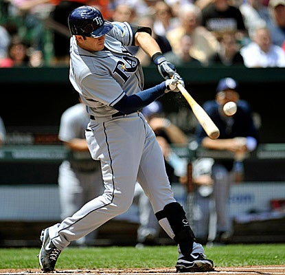 Rays third baseman Evan Longoria connects in the first for a one-run RBI single at Camden Yards. (Getty Images)