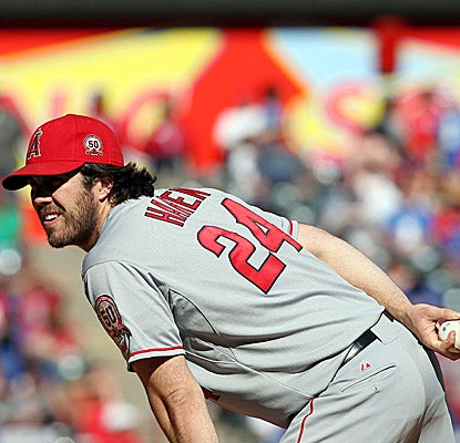 Angels starter Dan Haren winds up without a decision after allowing only two runs in nearly eight innings. (US Presswire)