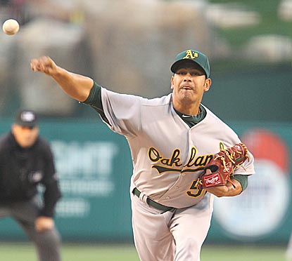 In his first appearance for Oakland -- and his first MLB start -- Guillermo Moscoso limits the Angels to three hits.  (Getty Images)
