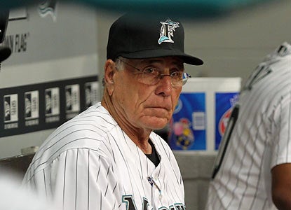 Back in a familiar dugout, Jack McKeon watches his Marlins club lose yet another game -- this time to the Angels.  (Getty Images)