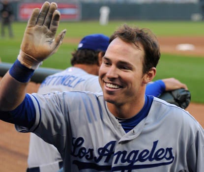 After a tough day in Dodgers history, its all smiles for Trent Oeltjen, who homered in L.A.'s 15-0 win. (AP)