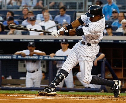 Curtis Grandeson tags rookie pitcher Garrett Richards for a three-run shot in the first inning. (Getty Images)