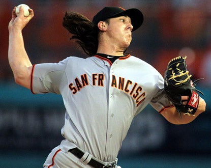 Tim Lincecum pitches seven shutout innings against the Marlins, and lowers his league-best road ERA to 2.08. (Getty Images)