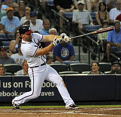 Dan Uggla extends his hitting streak to 33 games and caps the night with a fourth-inning homer, his 27th of the season. (AP)