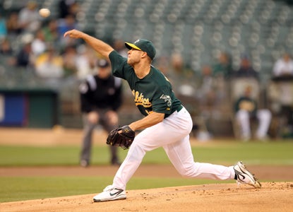 Rich Harden rebounds from a rocky start and goes on to strike out 11 Blue Jay batters.   (Getty Images)