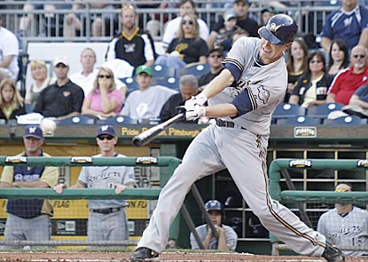 Milwaukee starter Chris Narveson gives himself a 2-0 lead in the fourth inning with a two-out two-run single.  (AP)
