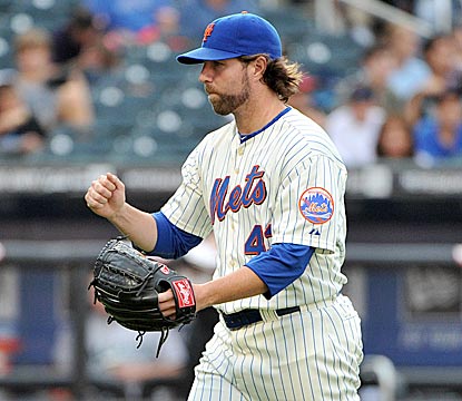 Mets knuckleballer R.A. Dickey reacts after getting the final out of the sixth inning of his scoreless outing.  (Getty Images)