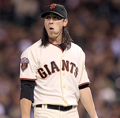 Tim Lincecum seems shellshocked as he departs after allowing a three-run roundtripper to Blake DeWitt.  (AP)
