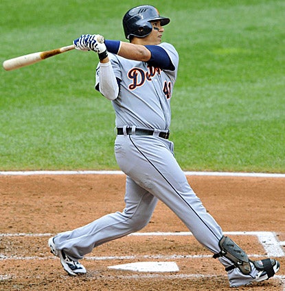 Detroit's Victor Martinez launches a three-run home run in the fourth inning against Cleveland. (US Presswire)