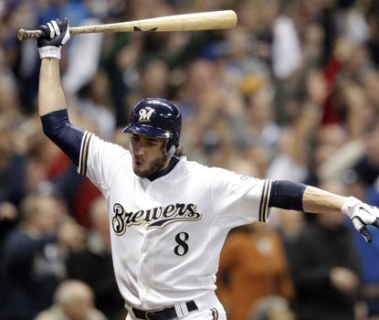 Ryan Braun reacts after hitting a three-run, go-ahead homer during the eighth inning against the Marlins. (Getty Images)