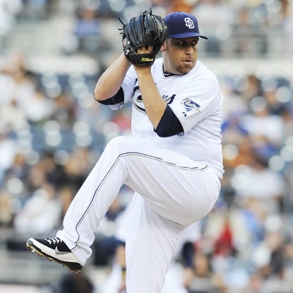 Aaron Harang retires 21 of his final 22 batters while allowing just one runner to reach second base.  (Getty Images)