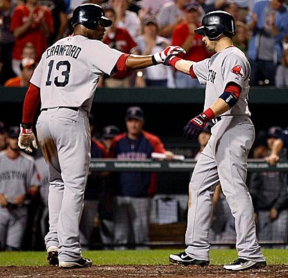 Carl Crawford high-fives Marco Scutaro for driving him home in the sixth with a two-run homer for the Red Sox. (AP)