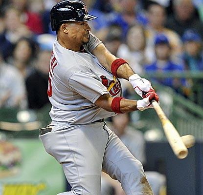 Cardinals shortstop Rafael Furcal connects for one of his three hits on Sunday, raising his early season average to .526.  (AP)