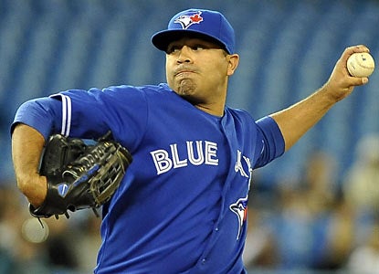 The Blue Jays' Ricky Romero churns out 17 straight outs before exiting in the ninth inning. (Getty Images)