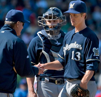 Brewers starter Zack Greinke only lasts 3 2/3 innings and allows eight earned runs for the first time since 2010.  (Getty Images)