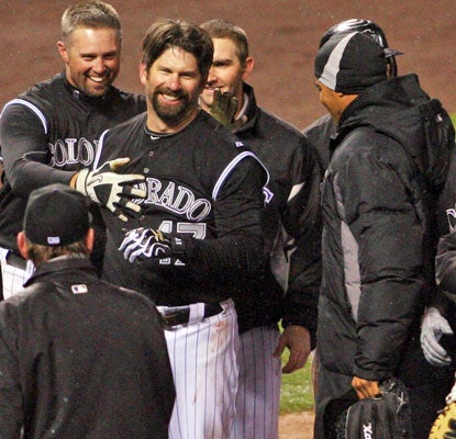 Todd Helton picks a fine time to hit his first home run -- a walk-off shot off Arizona's J.J. Putz.  (US Presswire)