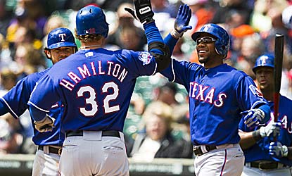 Josh Hamilton helps fuel the eight-run first with a three-run shot in Game 1 for the Rangers, winners of eight in a row. (US Presswire)