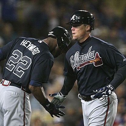 Chipper Jones celebrates his 40th birthday with a home run in the Braves' win over the Dodgers.  (Getty Images)