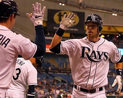 Ben Zobrist (right) celebrates with Evan Longoria after hitting a homer in the third inning against the Angels. (US Presswire)