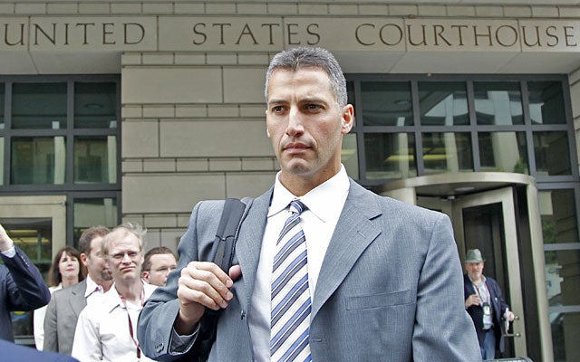 Andy Pettitte leaves court after his second day of testimony in Roger Clemens' perjury trial. (AP)