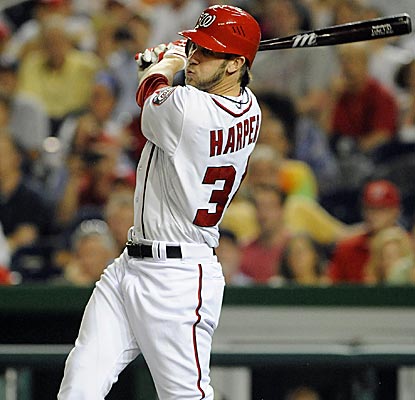 Bryce Harper drives an RBI double in the sixth inning, which will prove to be the game-winning hit. (US Presswire)