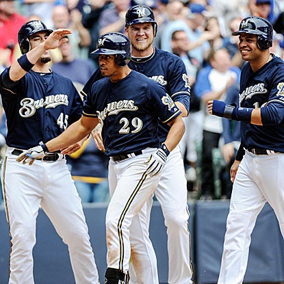 Edwin Maysonet (29) hits his second career HR and first-ever grand slam to lead the Brewers past the Cubs.  (US Presswire)