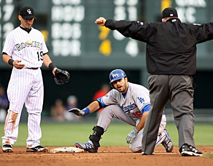 Andre Ethier, who tallies two hits and two RBI, makes it safely into second for a double. (US Presswire)