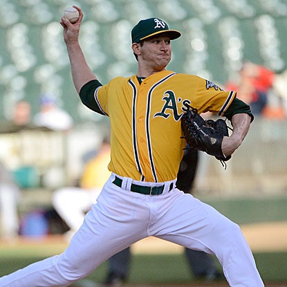 A's rookie Jarrod Parker strikes out six and holds the Rangers without a base hit through seven innings, earning the win.  (Getty Images)